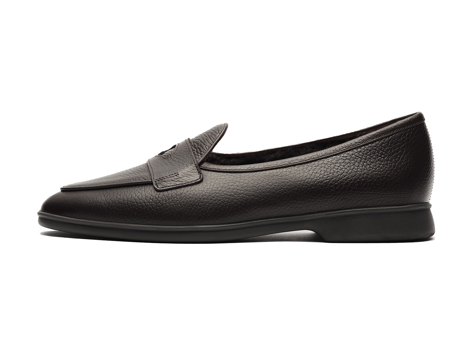 Stride Penny Loafers in Dark Brown Moorland Calf with Shearling Lining