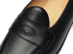 Stride Penny Loafers in Black Moorland Calf with Dark Sole