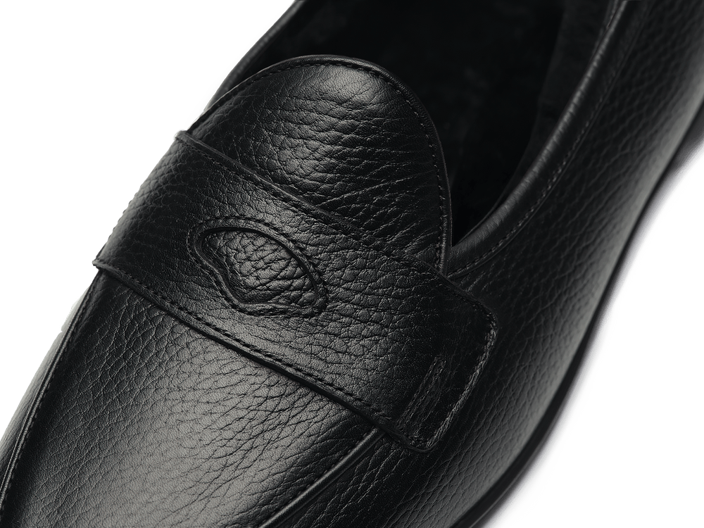 Stride Penny Loafers in Black Moorland Calf with Shearling Lining