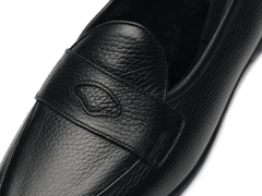 Stride Penny Loafers in Black Moorland Calf with Shearling Lining