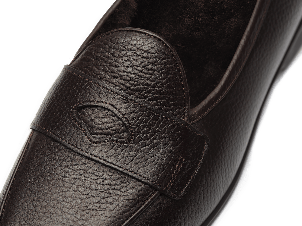 Stride Penny Loafers in Dark Brown Moorland Calf with Shearling Lining