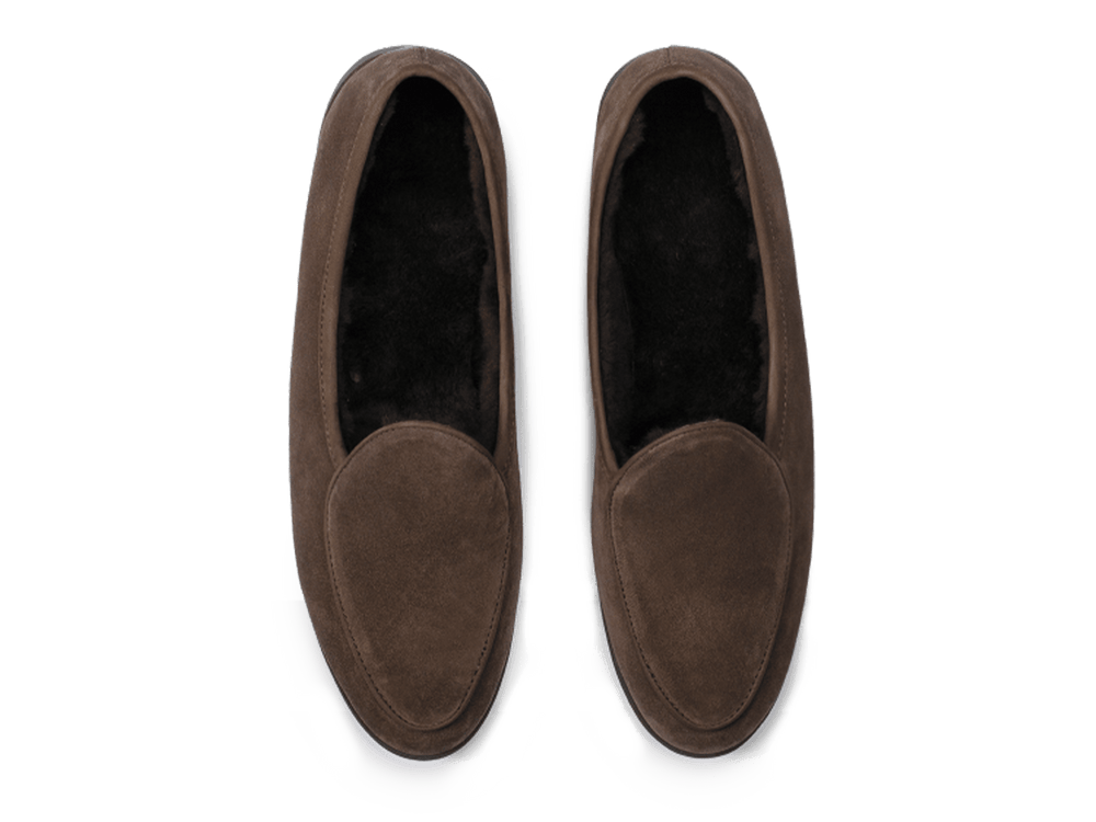 Stride Loafers in Deep Taupe Glove Suede with Shearling Lining Dark Sole