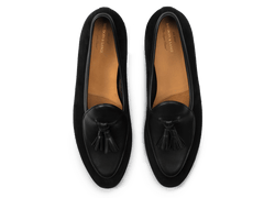 Sagan Classic Tassel Loafers in Obsidian Black Suede and Black Drape Calf with Rubber Grip