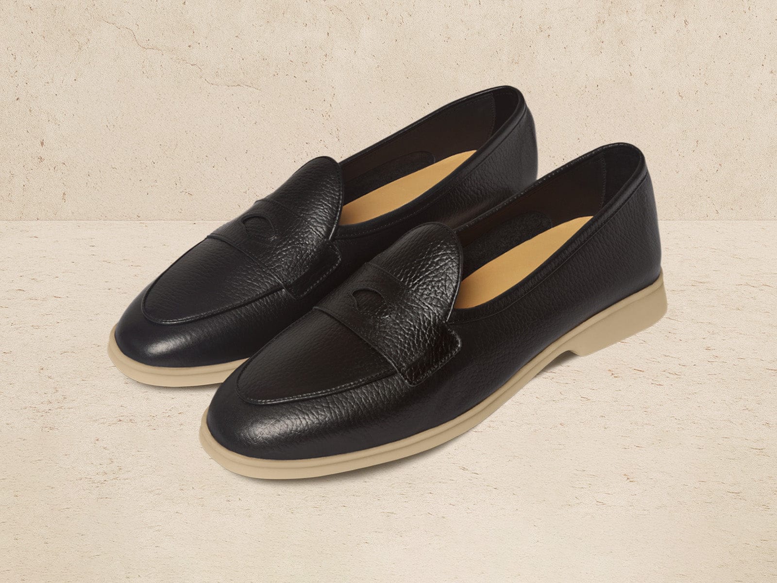 Stride Penny Loafers in Black Moorland Calf with Natural Sole