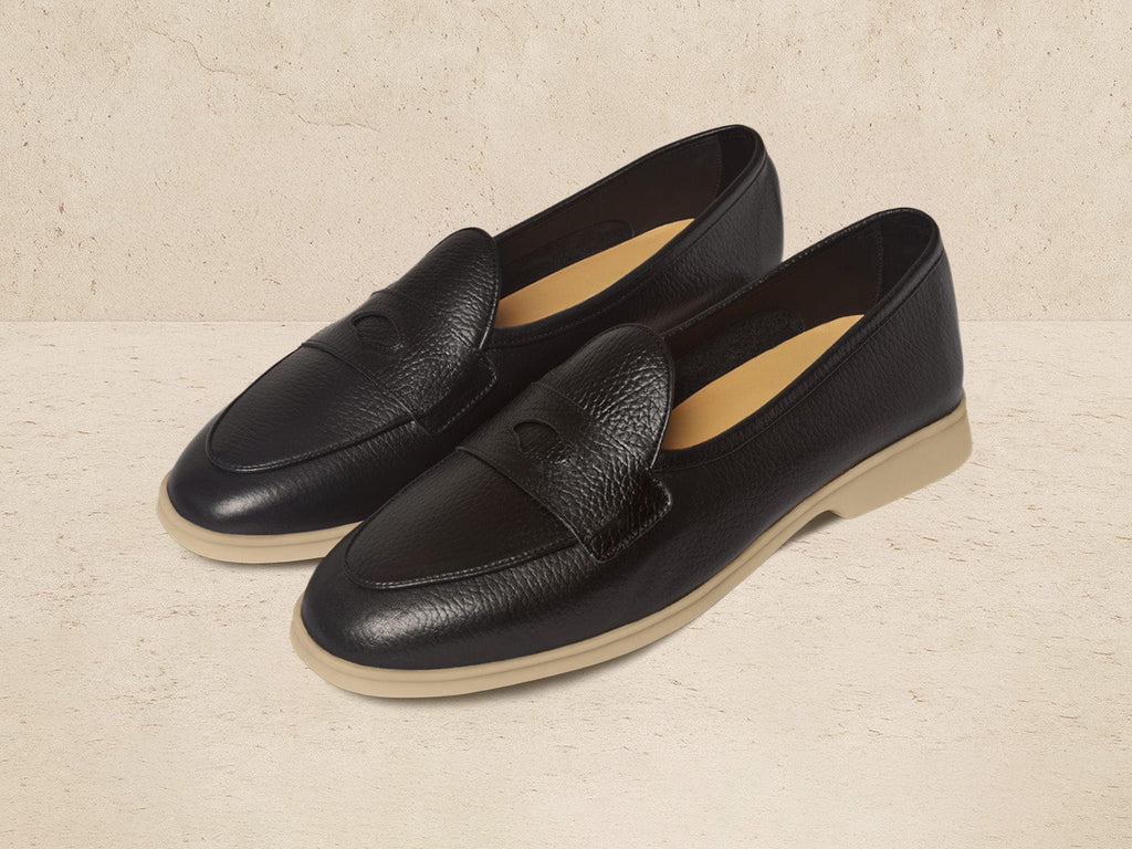 Stride Penny Loafers in Black Moorland Calf with Natural Sole
