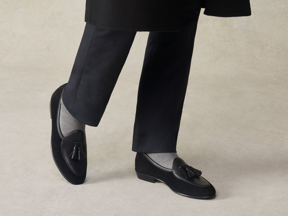 Sagan Classic Tassel Loafers in Obsidian Black Suede and Black Drape Calf with Rubber Grip