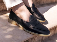 Stride Penny Loafers in Black Moorland Calf with Natural Sole