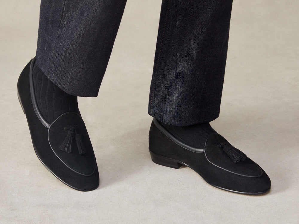 Sagan Classic Tassel Loafers in Obsidian Black Asteria Suede with Leather Sole