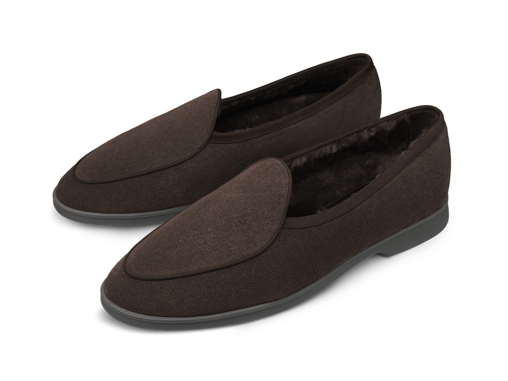 Stride Loafers in Dark Brown Glove Suede with Shearling Lining Dark Sole