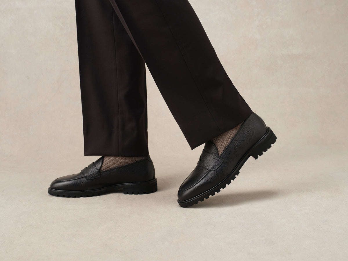 Pall Mall Loafers in Black Hatch Grain Calf with Shearling