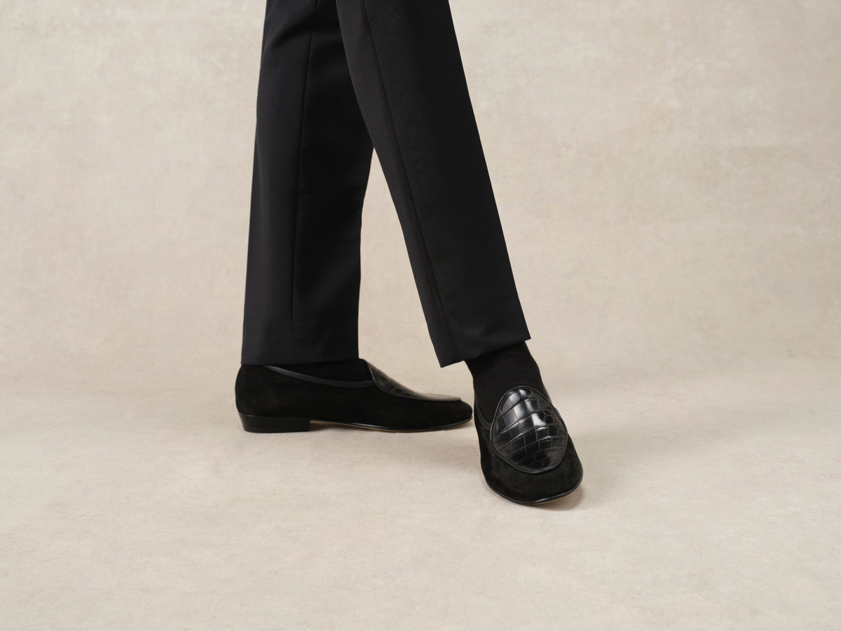 Sagan Classic Precious Leather Loafers in Black Suede and Crocodile