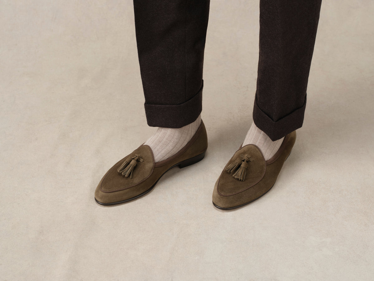 Sagan Classic Tassel Loafers in Olivine Green Asteria Suede