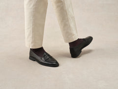 Stride Penny Loafers in Black Moorland Calf with Dark Sole