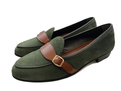 Sagan Buckle in Racing Green Luxe Suede and Tan Soft Calf