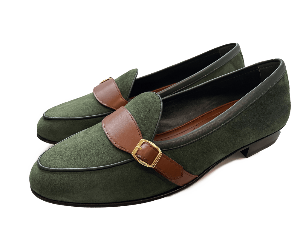 Sagan Buckle in Racing Green Luxe Suede and Tan Soft Calf