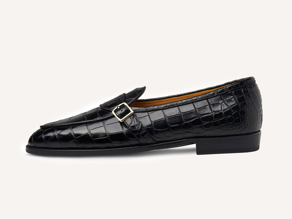 Sagan Buckle Precious Leather Loafers in Obsidian Black Crocodile