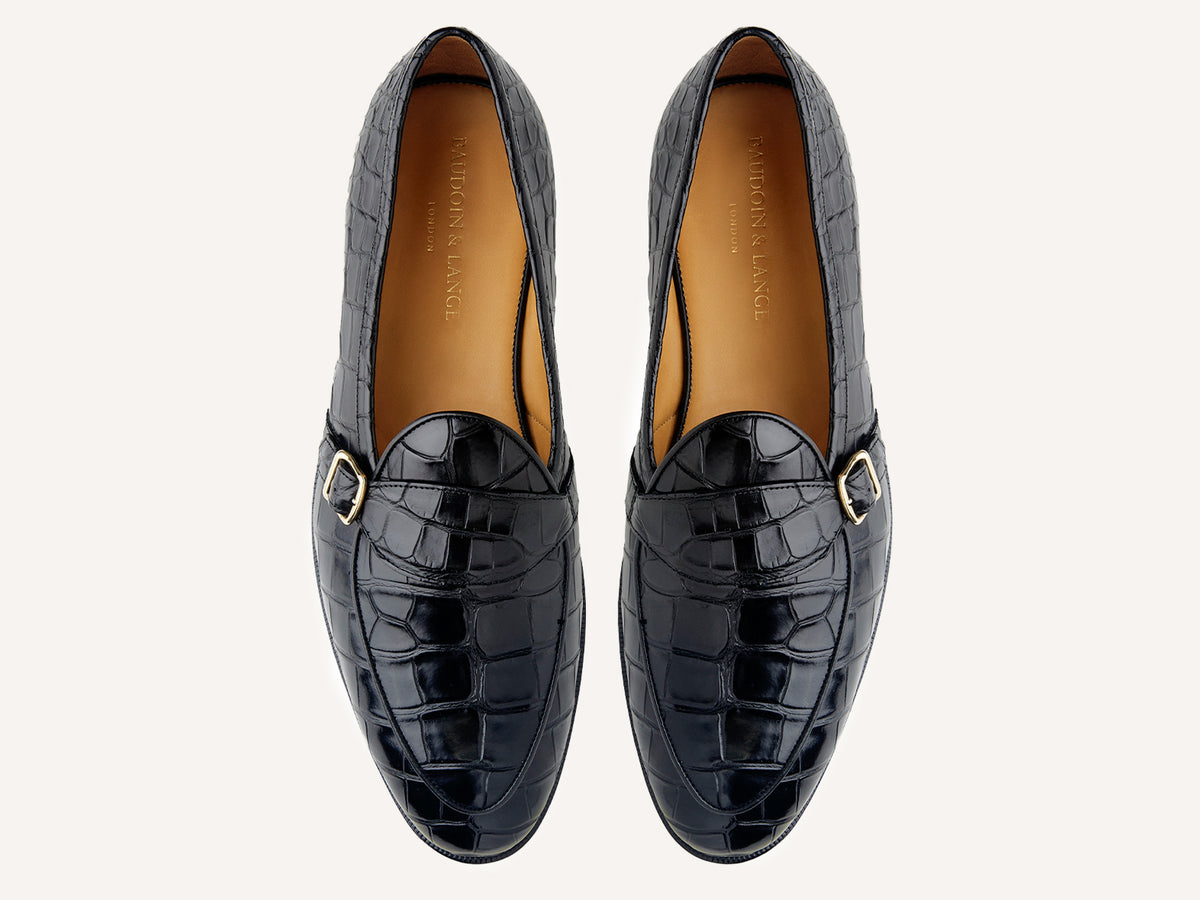 Sagan Buckle Precious Leather Loafers in Obsidian Black Crocodile