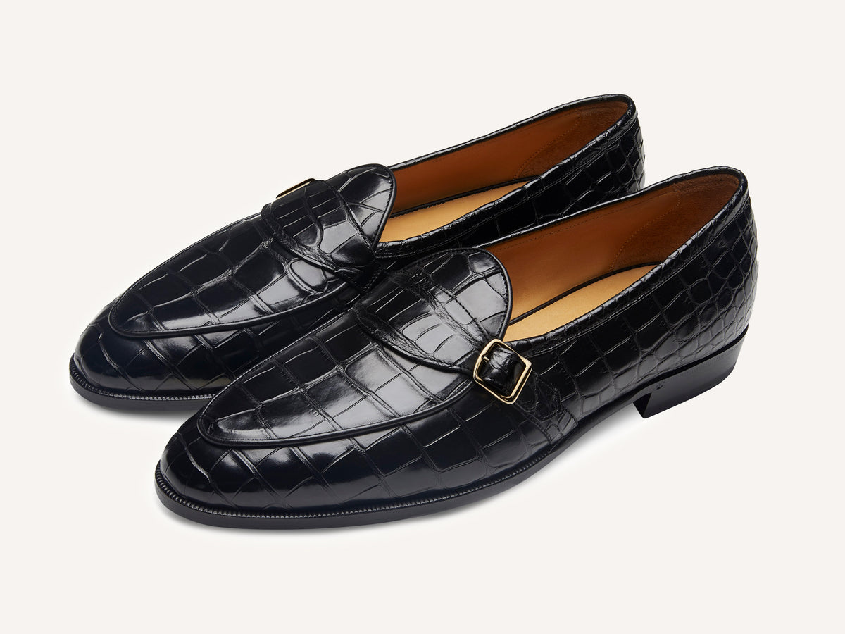 Sagan Buckle Precious Leather Loafers in Obsidian Black Crocodile