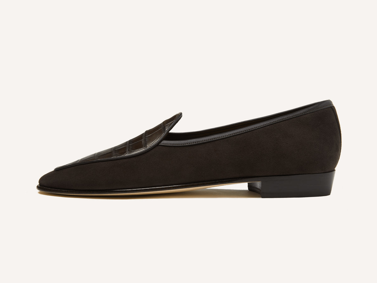 Sagan Classic Precious Leather Loafers in Dark Brown Suede and Crocodile
