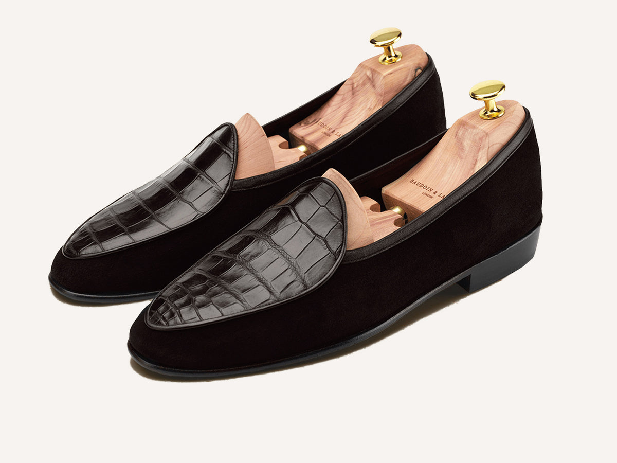 Sagan Classic Precious Leather Loafers in Dark Brown Suede and Crocodile
