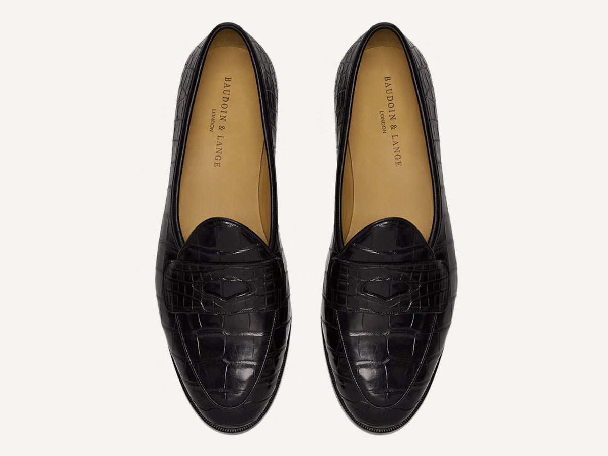 Sagan Ginkgo Precious Leather Loafers in Obsidian Black Crocodile