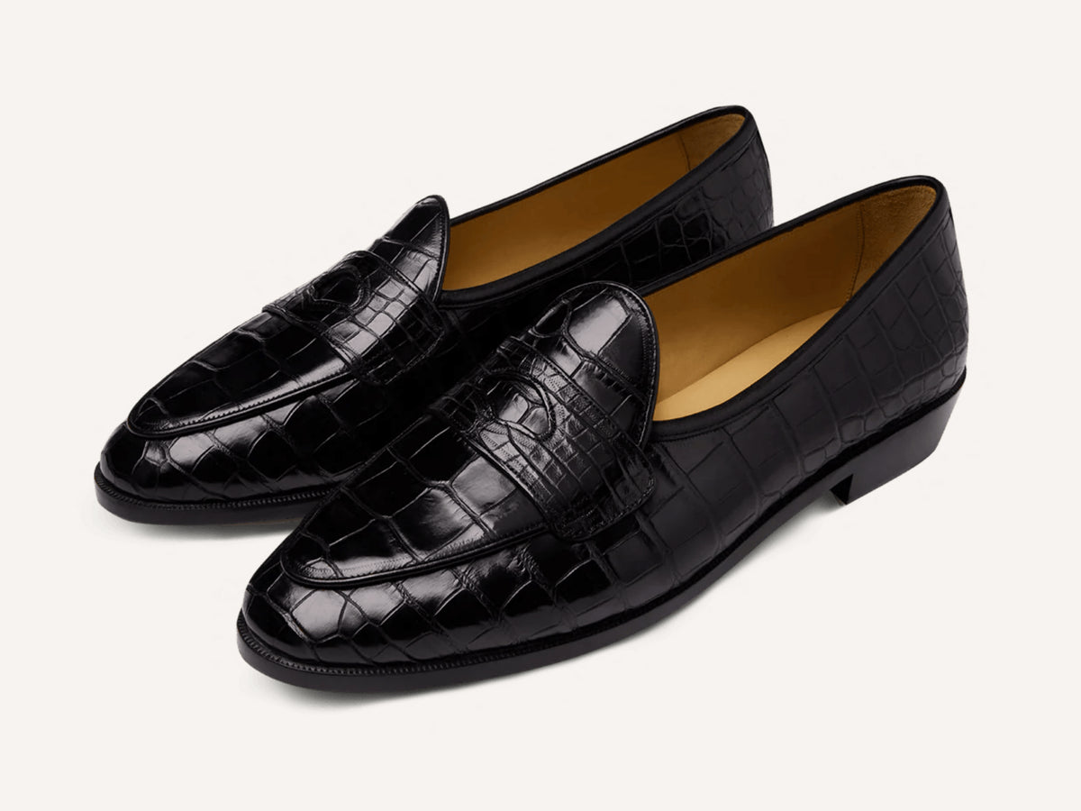 Sagan Ginkgo Precious Leather Loafers in Obsidian Black Crocodile