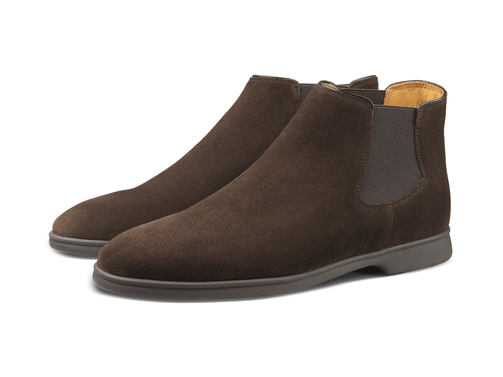 Rover Boots in Dark Brown Glove Suede Taupe Sole