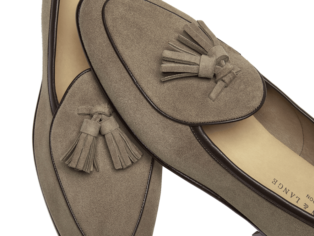 Sagan Classic Tassel Loafers in Greige Asteria Suede