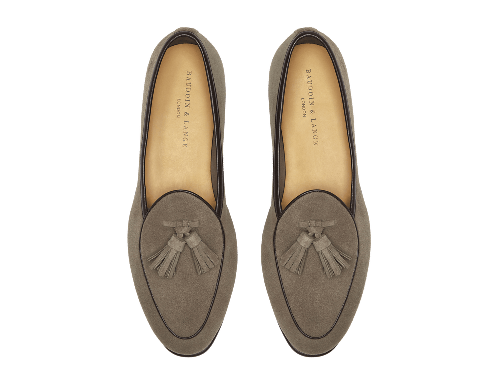 Sagan Classic Tassel Loafers in Greige Asteria Suede