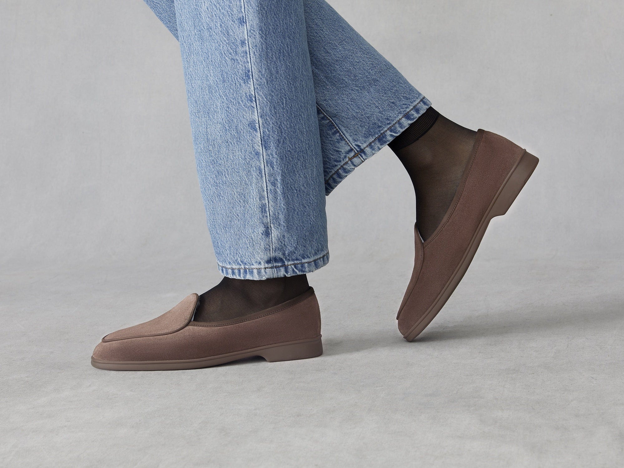 Stride Loafers in Deep Taupe Glove Suede with Shearling Lining