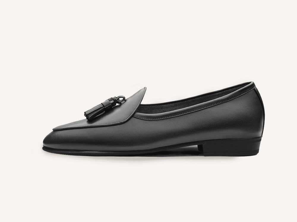 Sagan Rubber Tassel Loafers in Black Drape Calf