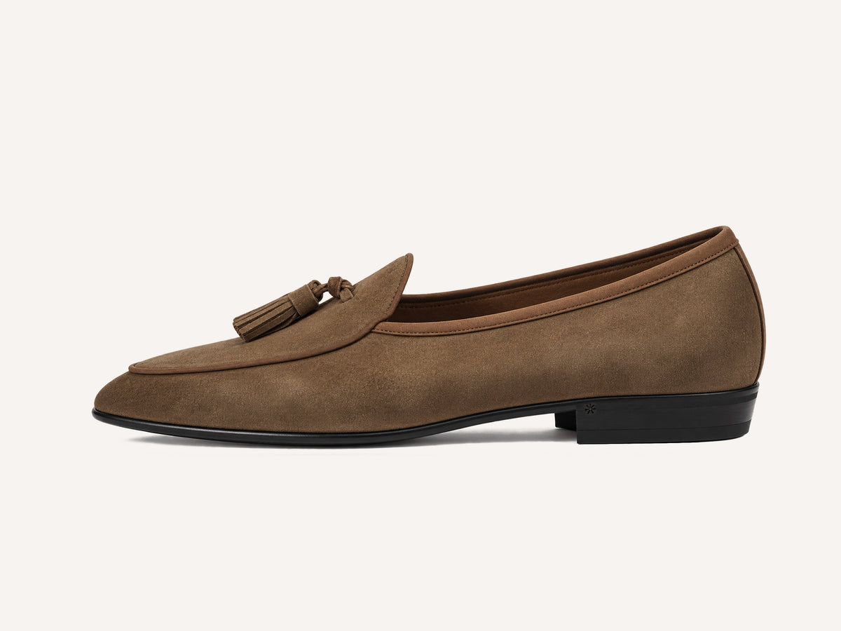 Sagan Rubber Tassel Loafers in Olivine Green Asteria Suede