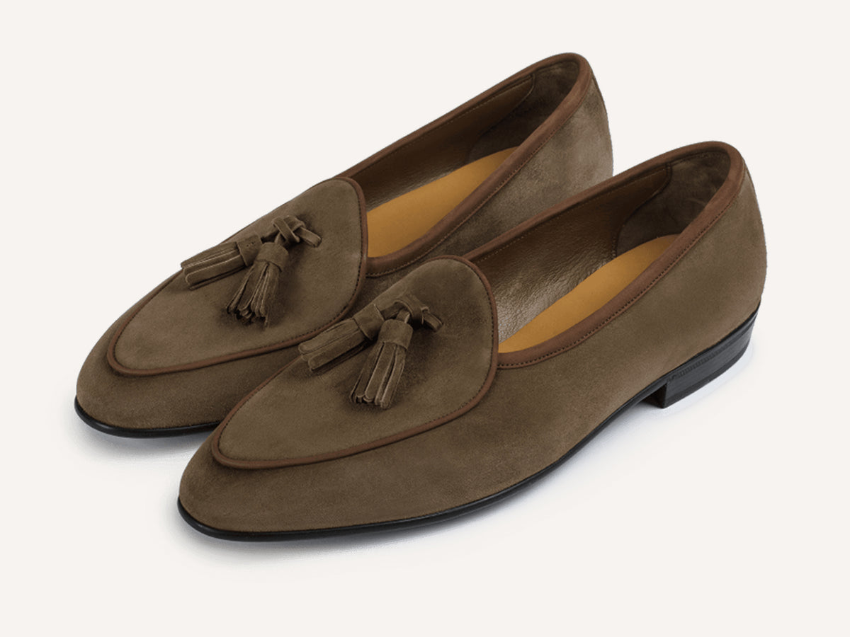 Sagan Rubber Tassel Loafers in Olivine Green Asteria Suede