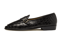 Sagan Buckle Precious Leather Loafers in Obsidian Black Crocodile