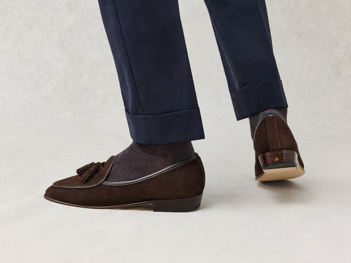 Sagan Classic Tassel Loafers in Lusitanias Dark Brown Asteria Suede