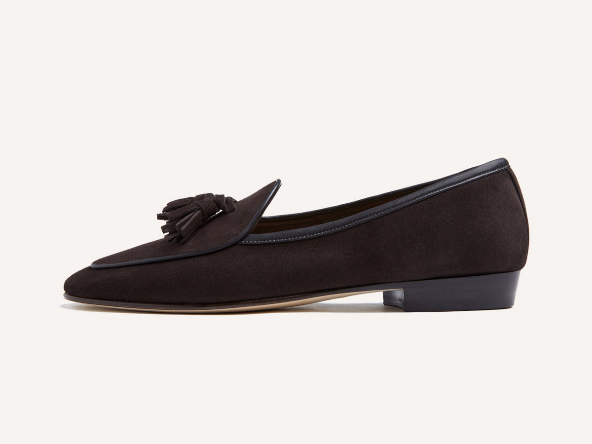 Sagan Classic Tassel Loafers in Lusitanias Dark Brown Asteria Suede