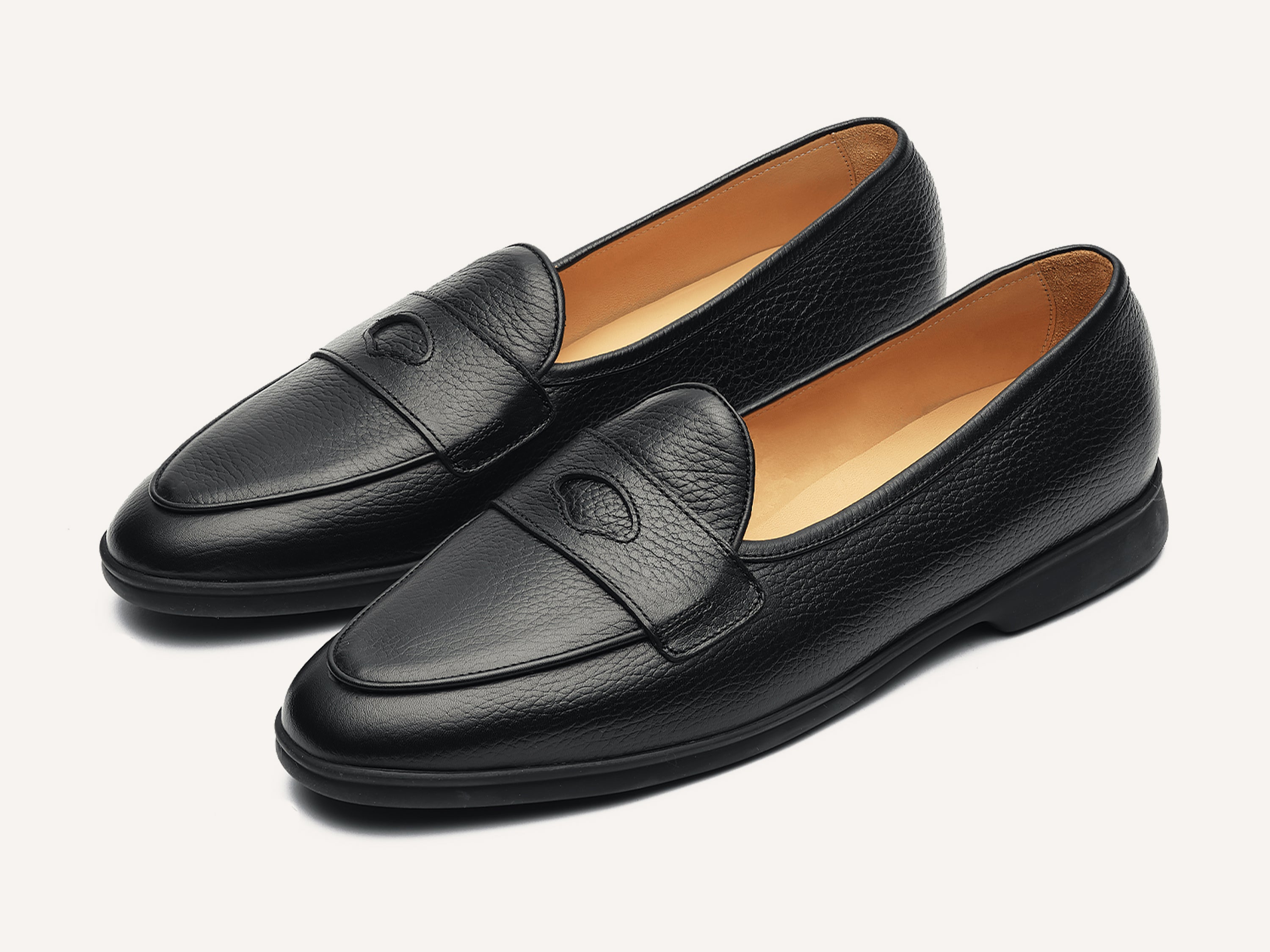 Stride Penny Loafers in Black Moorland Calf with Dark Sole