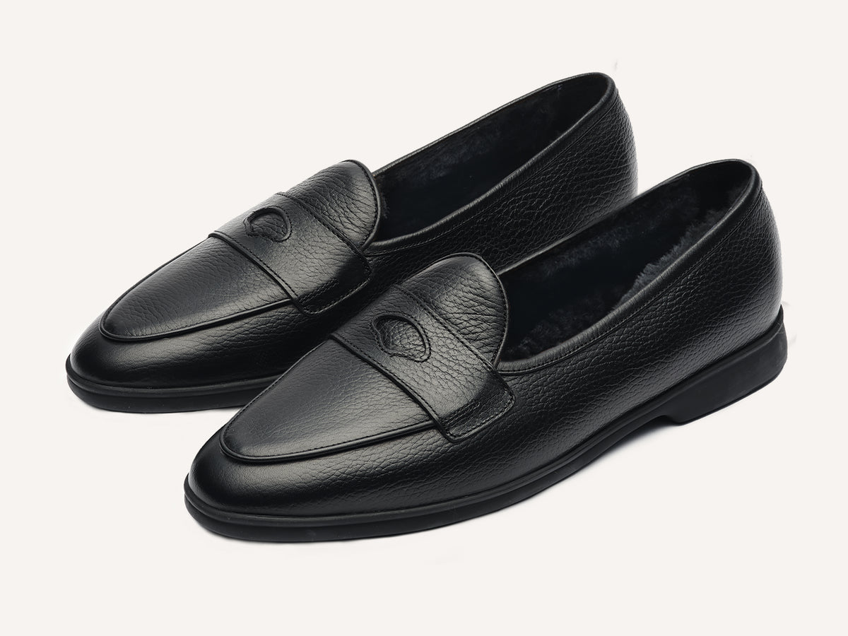 Stride Penny Loafers in Black Moorland Calf with Shearling Lining