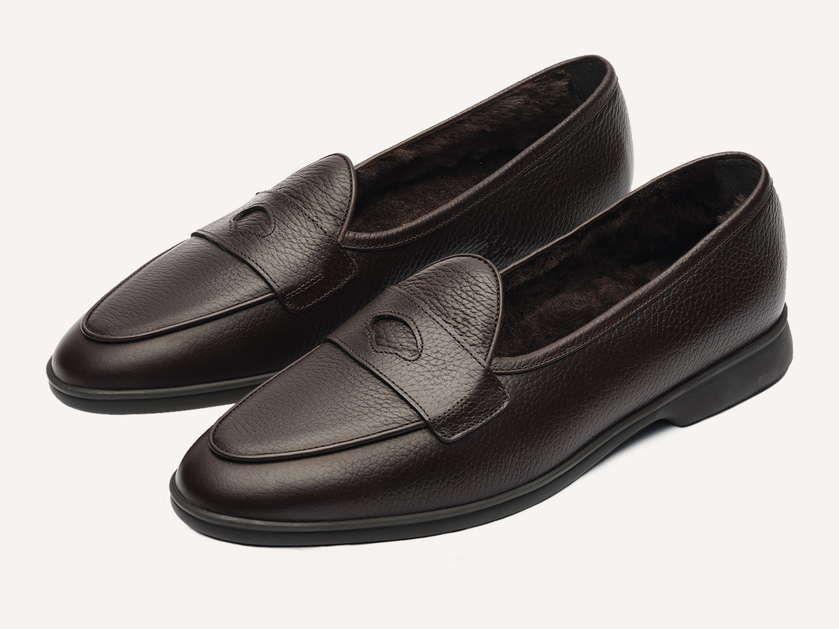 Stride Penny Loafers in Dark Brown Moorland Calf with Shearling Lining