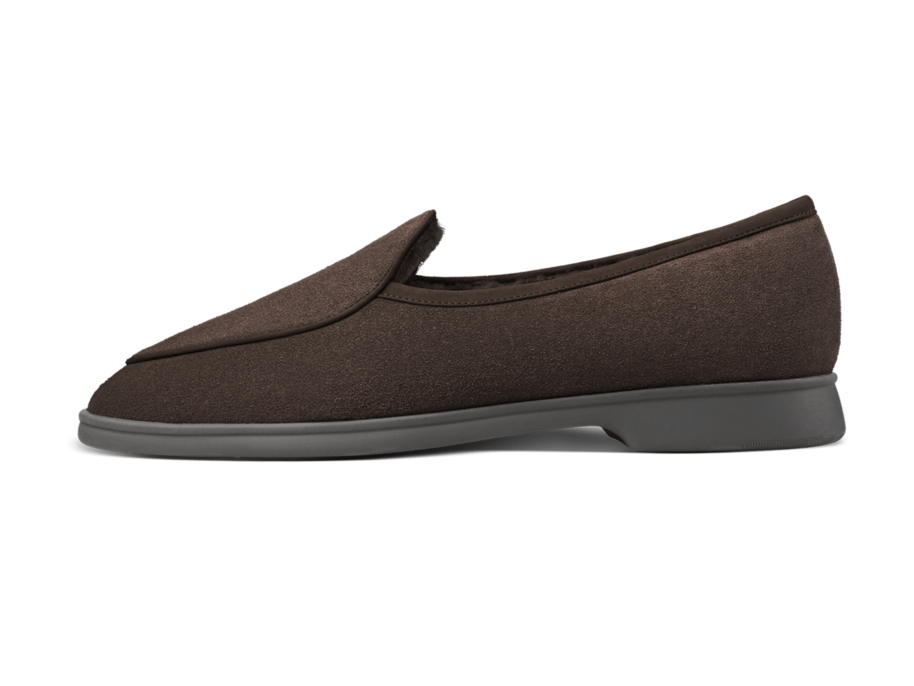 Stride Loafers in Dark Brown Glove Suede with Shearling Lining Dark Sole