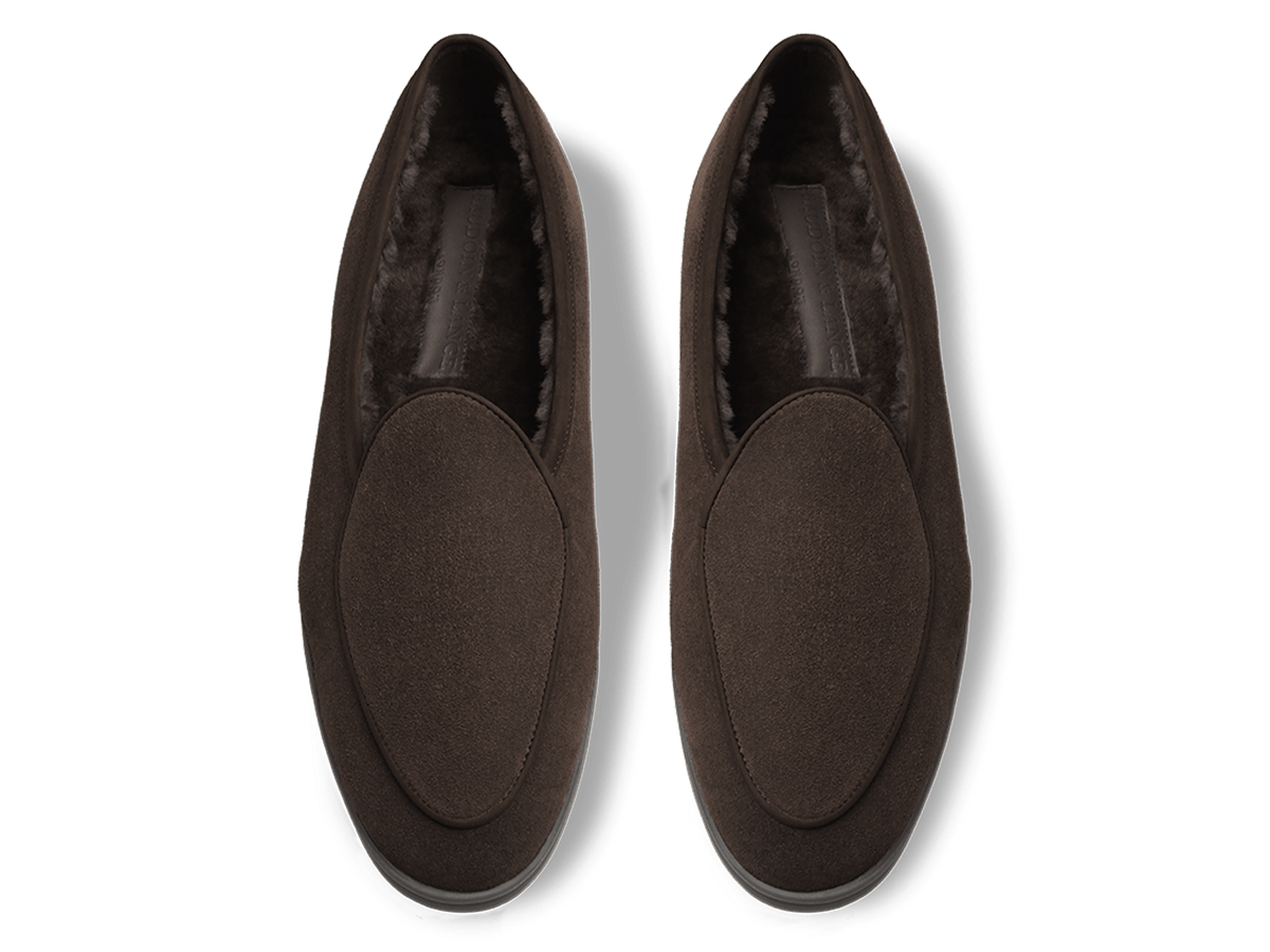 Stride Loafers in Dark Brown Glove Suede with Shearling Lining Dark Sole