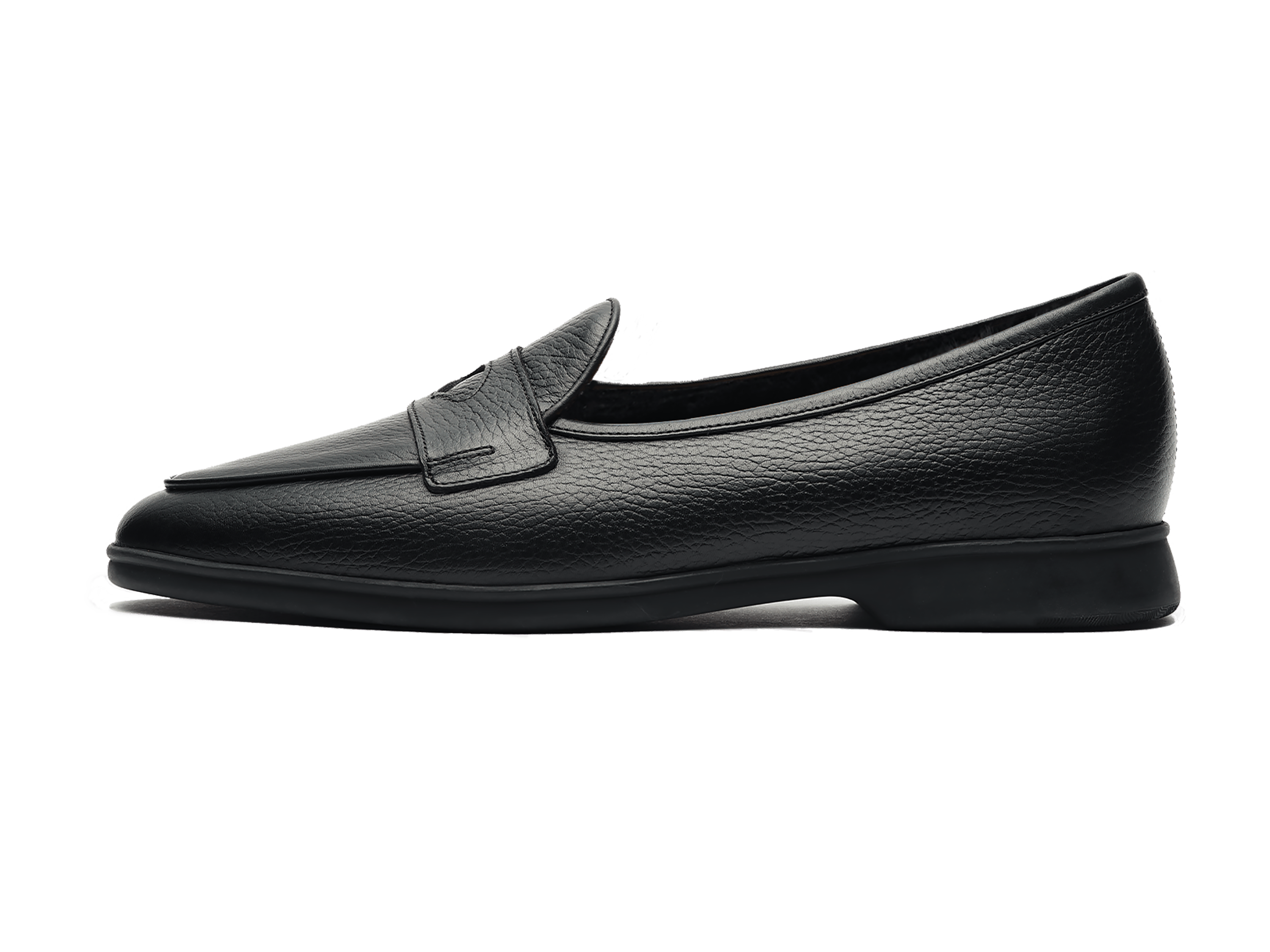 Stride Penny Loafers in Black Moorland Calf with Shearling Lining