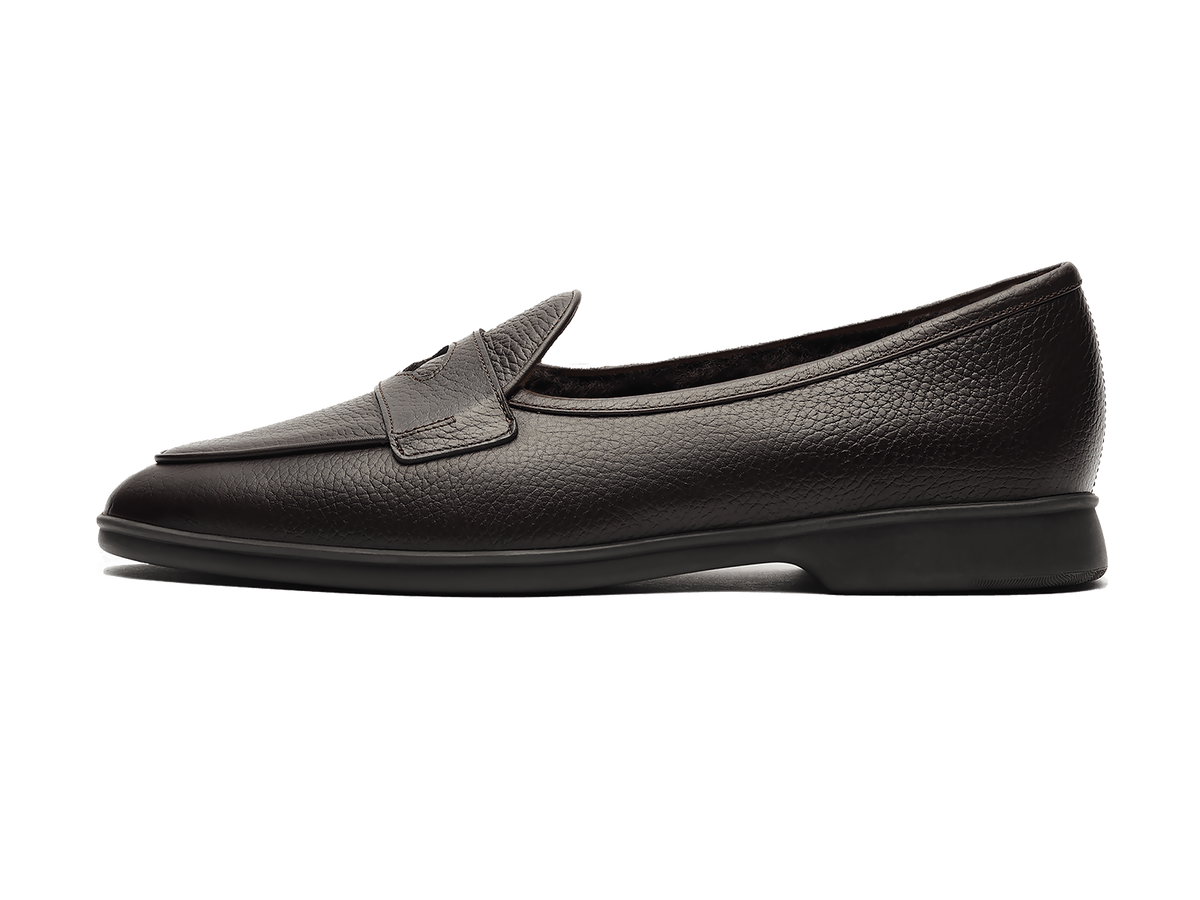 Stride Penny Loafers in Dark Brown Moorland Calf with Shearling Lining