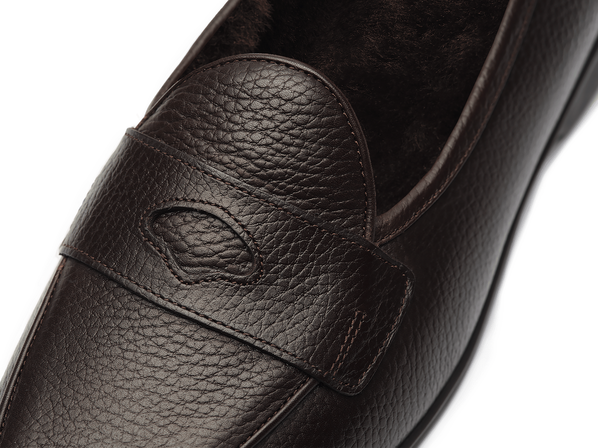 Stride Penny Loafers in Dark Brown Moorland Calf with Shearling Lining