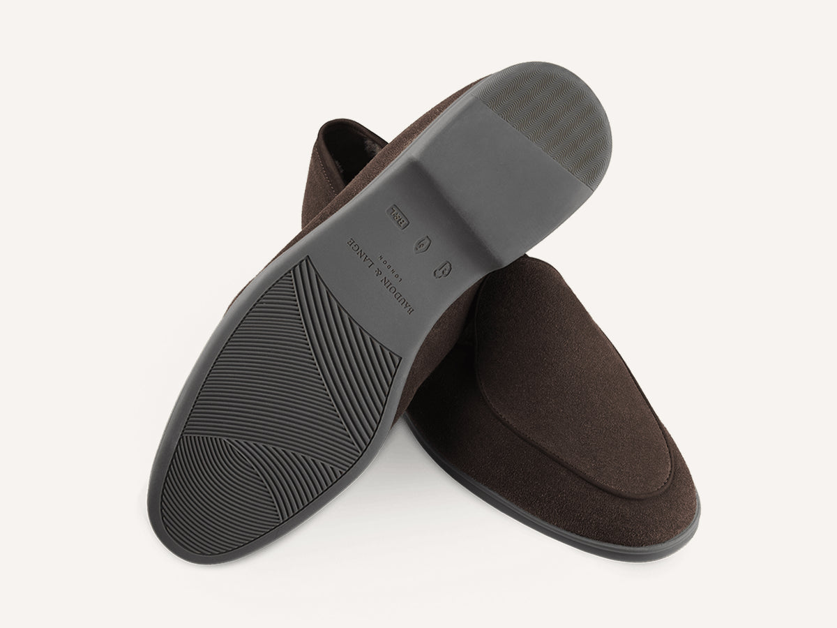 Stride Loafers in Dark Brown Glove Suede with Shearling Lining Dark Sole