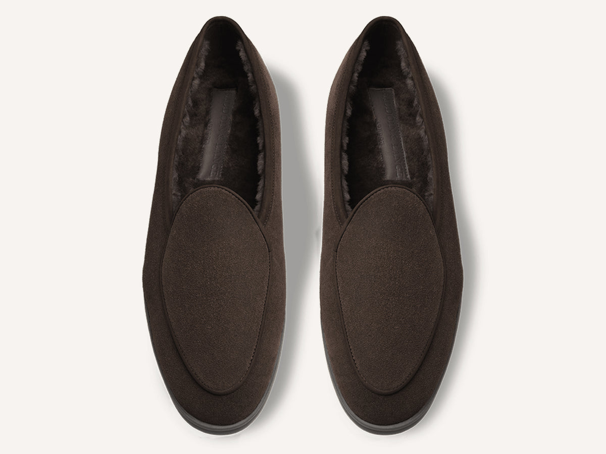 Stride Loafers in Dark Brown Glove Suede with Shearling Lining Dark Sole