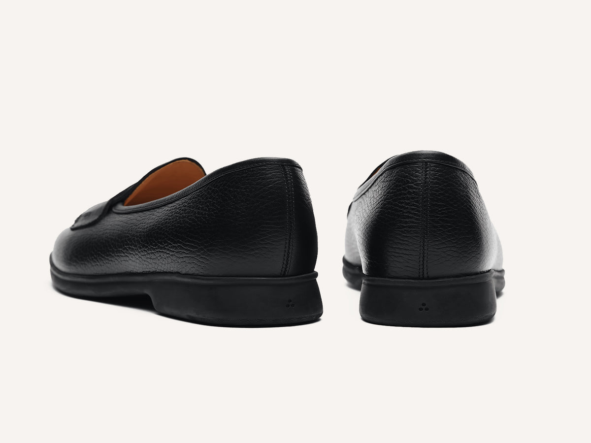 Stride Penny Loafers in Black Moorland Calf with Dark Sole