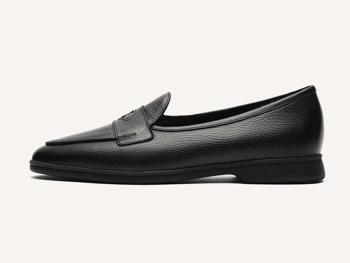 Stride Penny Loafers in Black Moorland Calf with Shearling Lining