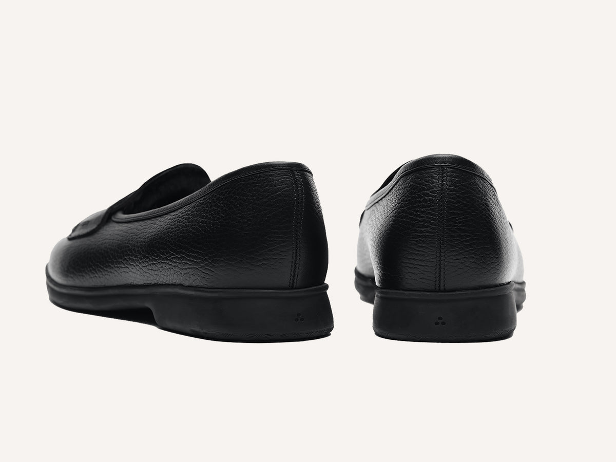 Stride Penny Loafers in Black Moorland Calf with Shearling Lining