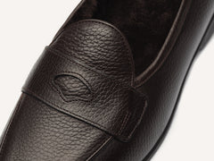 Stride Penny Loafers in Dark Brown Moorland Calf with Shearling Lining